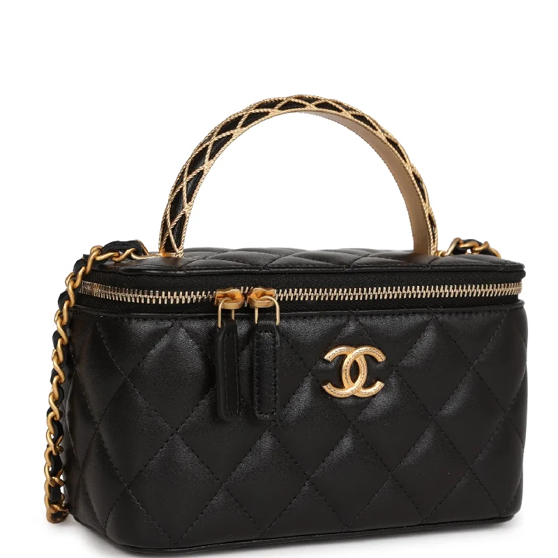 CHANEL handbags for elegant style -Chanel Mini Vanity Top Handle Case Black Lambskin Brushed Gold Hardware