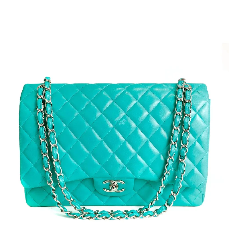 CHANEL bags with luxurious fabric accents -Chanel Mint Lagoon Quilted Lambskin Classic Double Flap w/ Silver Hardware