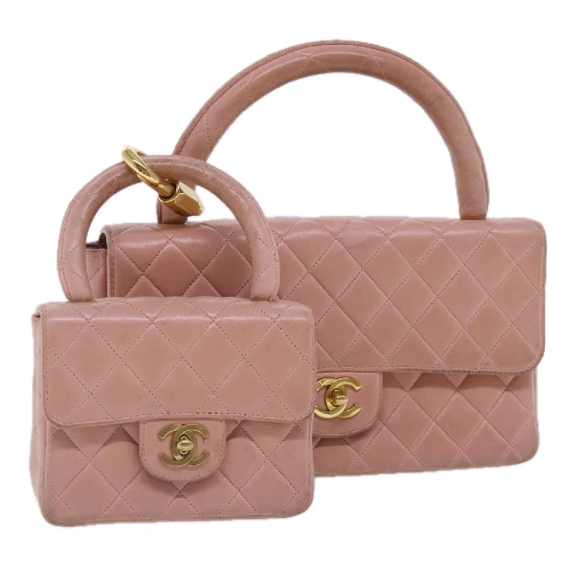 CHANEL handbags with rich leather textures -CHANEL Parent Child Bag Hand Bag Lamb Skin Pink Gold CC  90957A