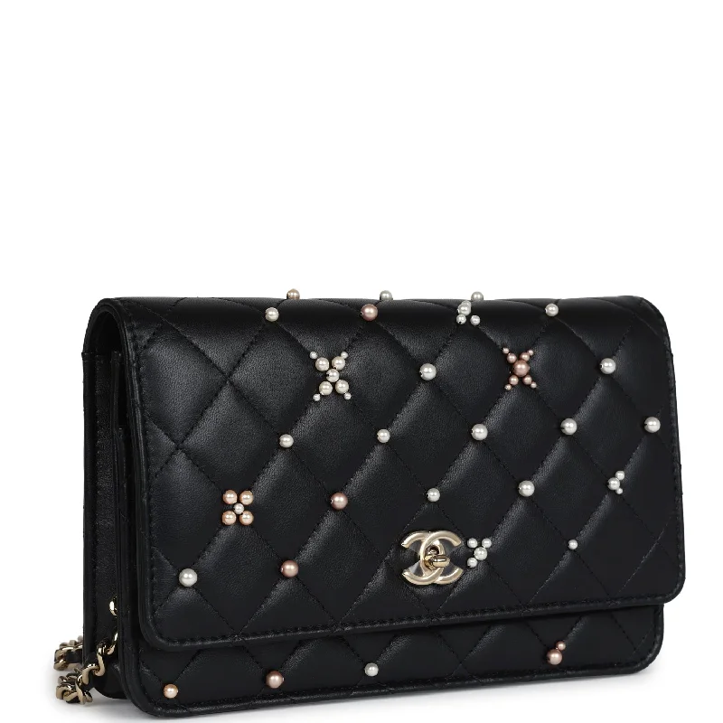 CHANEL bags for refined fashion -Chanel Pearl Studded Wallet On Chain (WOC) Black Lambskin Light Gold Hardware