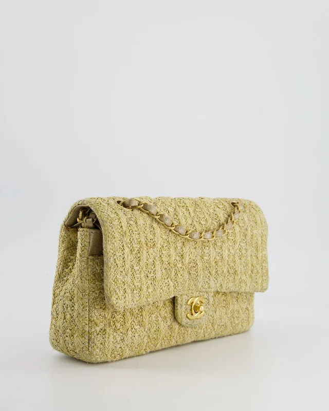 CHANEL handbags with stylish textures -Chanel Beige Raffia Medium Classic Double Flap Bag with Brushed Gold Hardware and Gold Leather Interior