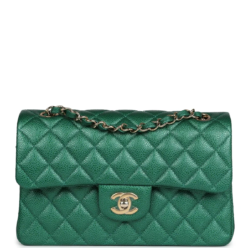 CHANEL handbags with bold, signature designs -Chanel Small Classic Double Flap Bag Emerald Green Shiny Caviar Gold Hardware