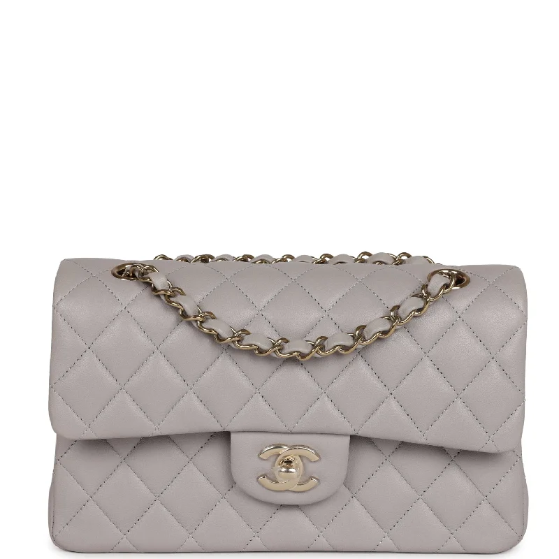 CHANEL handbags with fine chain accents -Chanel Small Classic Double Flap Bag Grey Lambskin Light Gold Hardware