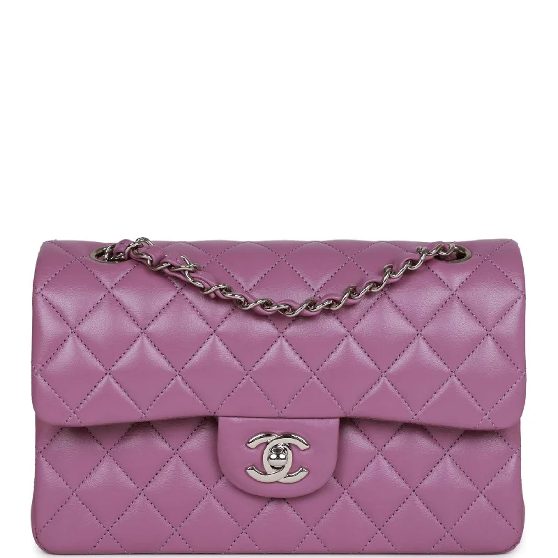 CHANEL bags with signature woven leatherwork -Chanel Small Classic Double Flap Bag Purple Lambskin Silver Hardware