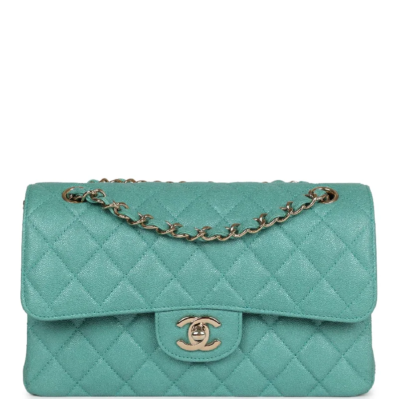 CHANEL bags with luxurious, polished finish -Chanel Small Classic Double Flap Turquoise Iridescent Caviar Light Gold Hardware