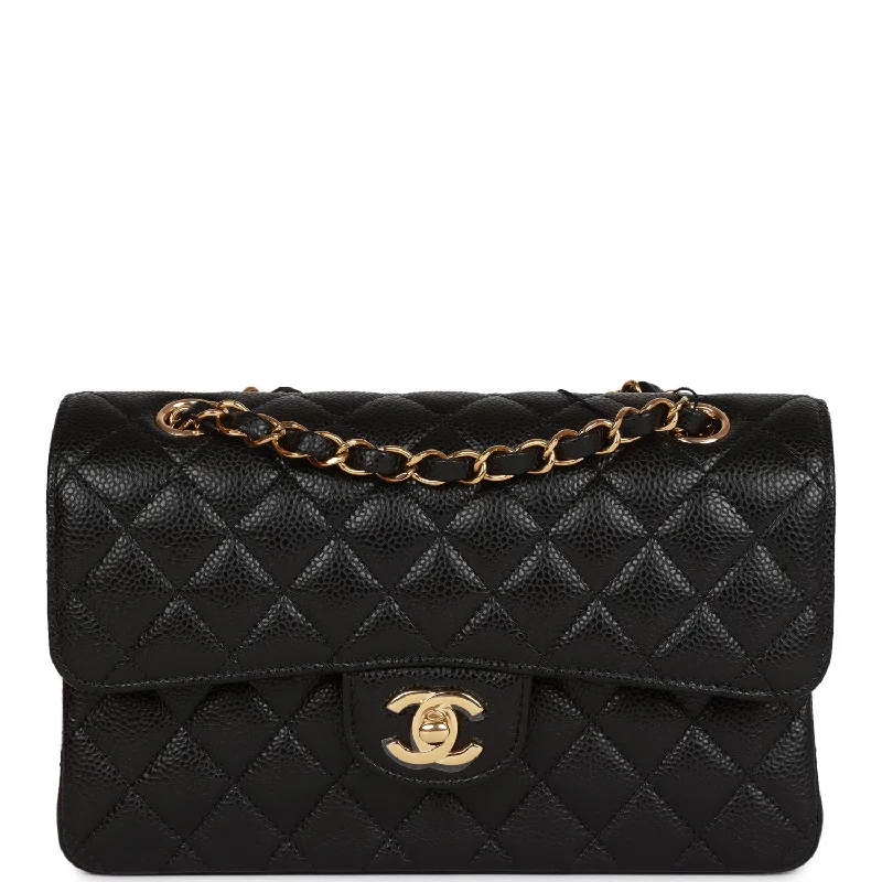 CHANEL bags with exclusive leather options -Chanel Small Classic Double Flap Black Caviar Gold Hardware