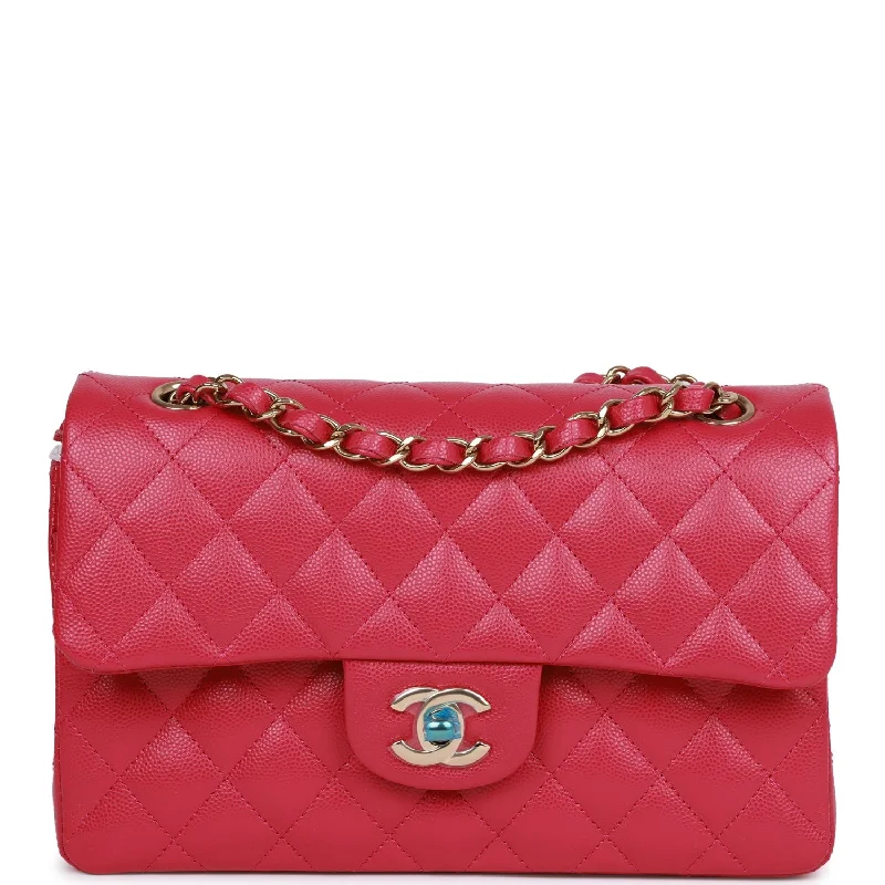 CHANEL handbags with elegant leather finishes -Chanel Small Classic Double Flap Fuchsia Caviar Light Gold Hardware