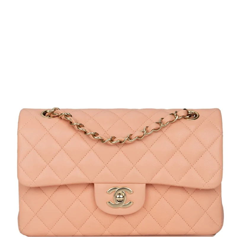 CHANEL luxury bags with premium materials -Chanel Small Classic Double Flap Peach Lambskin Light Gold Hardware