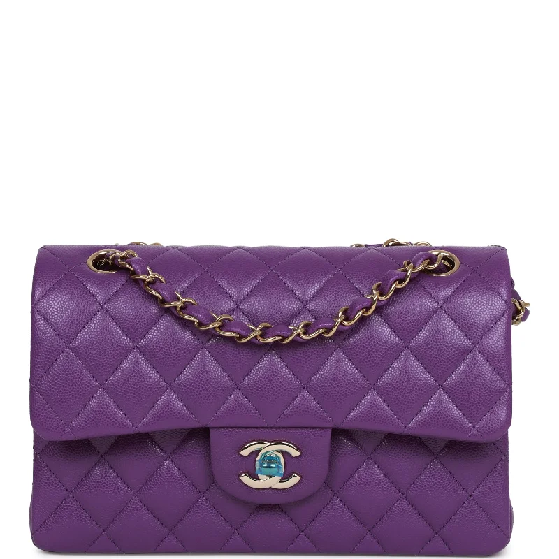 CHANEL bags with gold hardware accents -Chanel Small Classic Double Flap Purple Caviar Light Gold Hardware