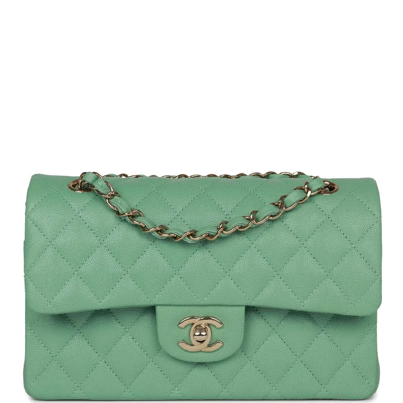 CHANEL handbags with timeless luxury -Chanel Small Classic Double Flap Green Caviar Light Gold Hardware