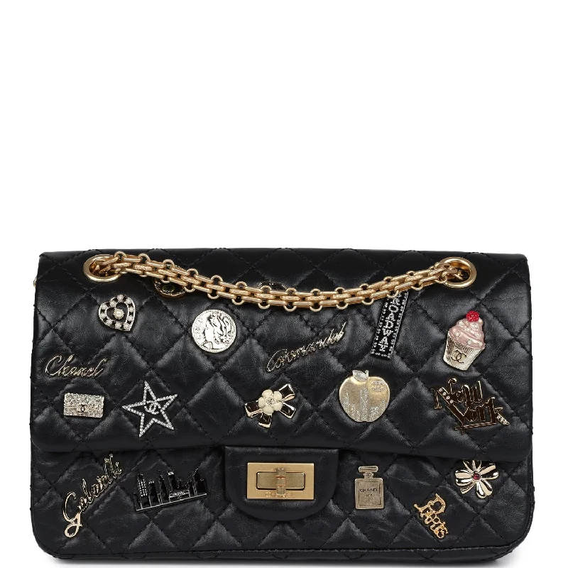 CHANEL handbags for signature looks -Chanel Small Reissue 225 2.55 Double Flap Lucky Charms Black Aged Calfskin Antique Gold Hardware