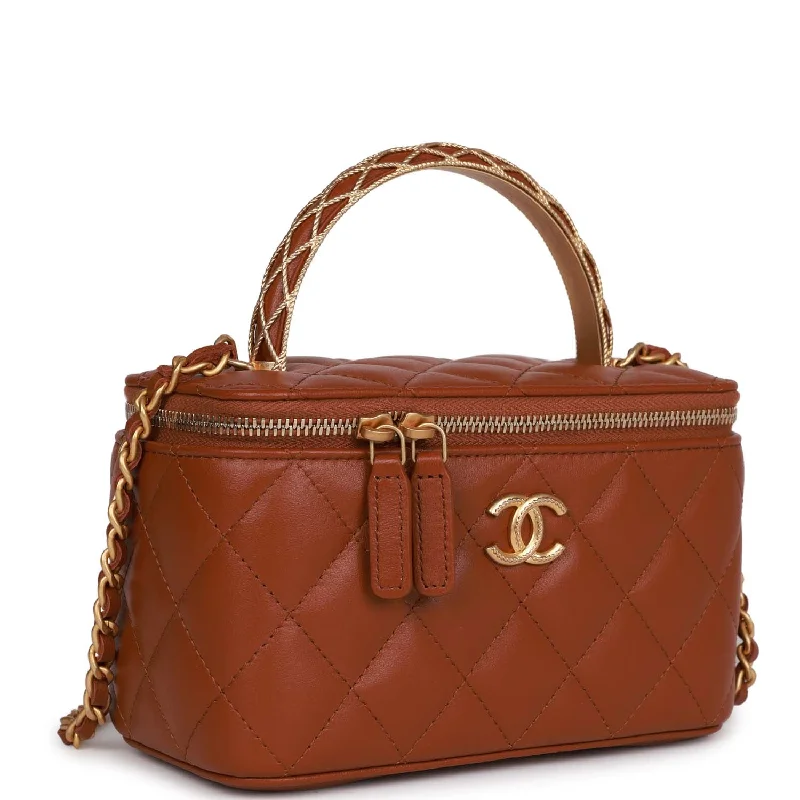 CHANEL bags for iconic elegance -Chanel Small Top Handle Vanity Case Brown Lambskin Brushed Gold Hardware