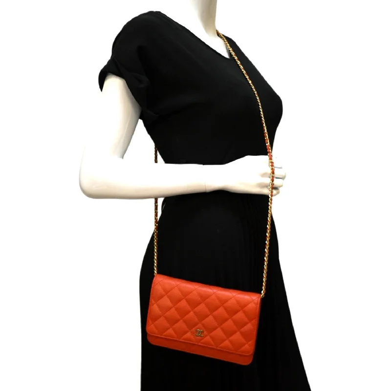 CHANEL handbags for upscale buyers -CHANEL WOC Quilted Caviar Leather Crossbody Wallet Red Orange