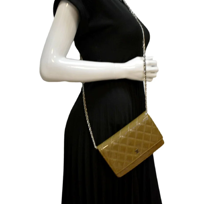 CHANEL bags for evening glamour -CHANEL Patent Leather Wallet on Chain Crossbody Bag Beige