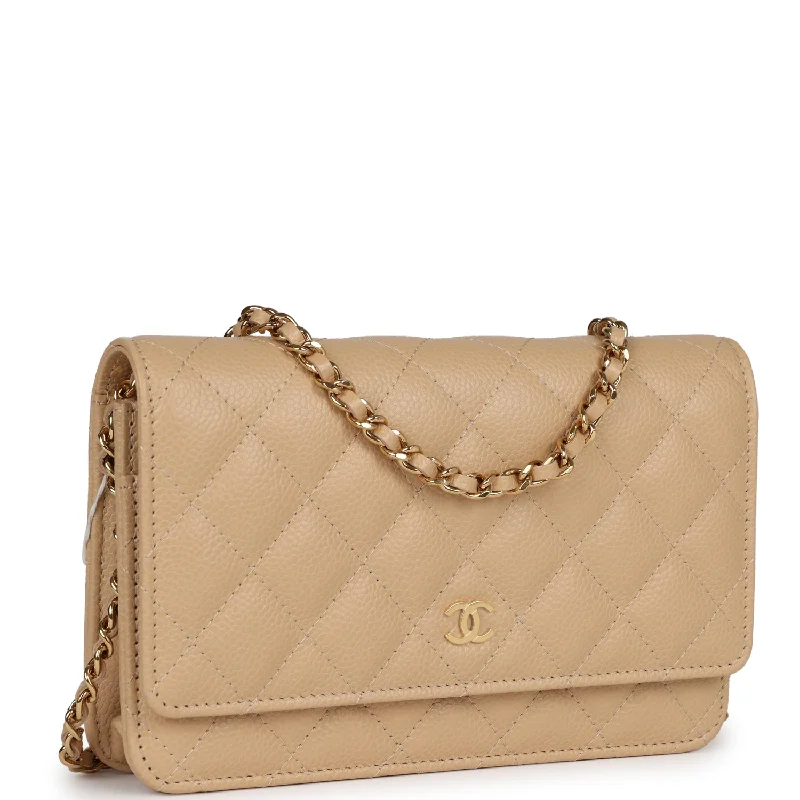 CHANEL bags with elegant chain details -Chanel Wallet on Chain WOC Beige Caviar Gold Hardware