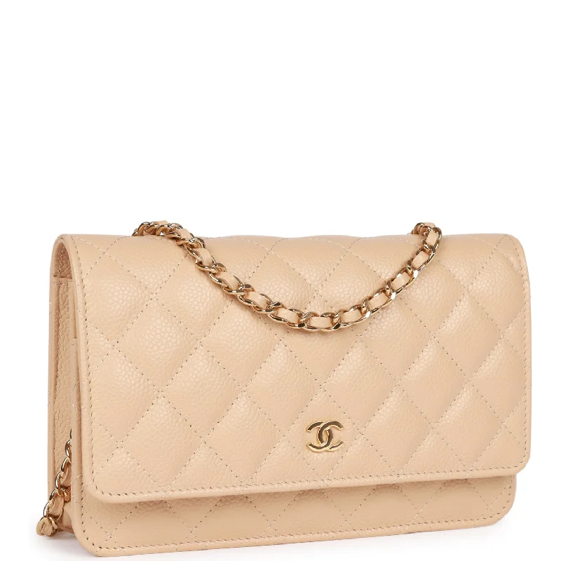 CHANEL handbags for evening glamour -Chanel Wallet on Chain WOC Beige Caviar Gold Hardware