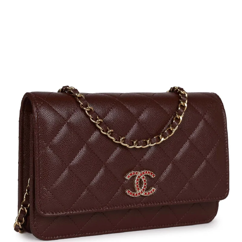 CHANEL bags with signature leather textures -Chanel Wallet on Chain WOC Burgundy Caviar Light Gold Hardware