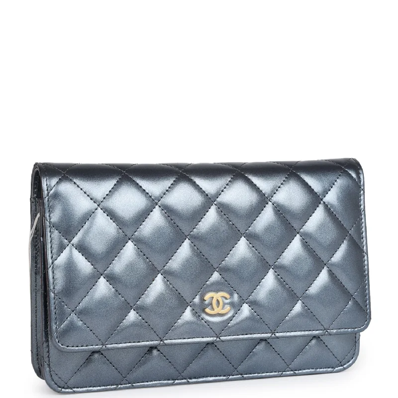 CHANEL bags for luxury events -Chanel Wallet on Chain WOC Dark Blue Iridescent Calfskin Antique Gold Hardware