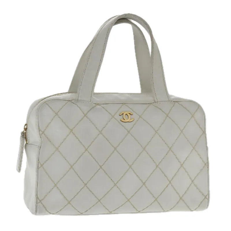 CHANEL bags with luxurious fabric accents -CHANEL Wild Stitch Hand Bag Leather White Gold CC  yk15489