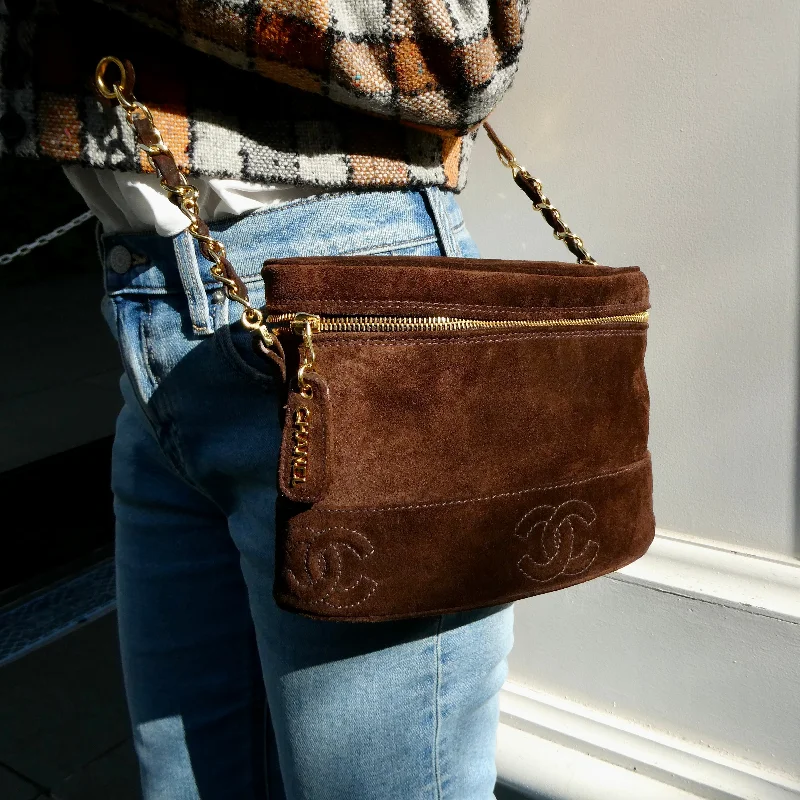 CHANEL handbags with creative detailing -CHANEL 1996-1997 Brown Suede Triple CC Shoulder Bag