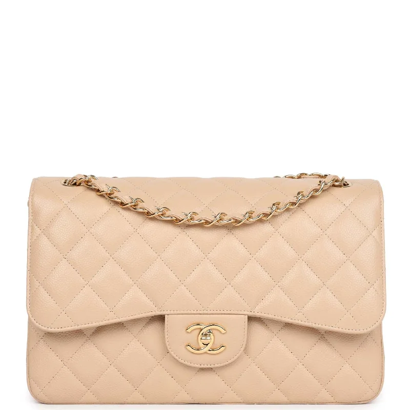 CHANEL luxury handbags with sleek lines -Pre-owned Chanel Jumbo Classic Double Flap Bag Light Beige Caviar Gold Hardware