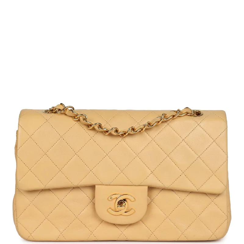 CHANEL bags with exclusive embellishments -Vintage Chanel Small Classic Double Flap Beige Lambskin Gold Hardware