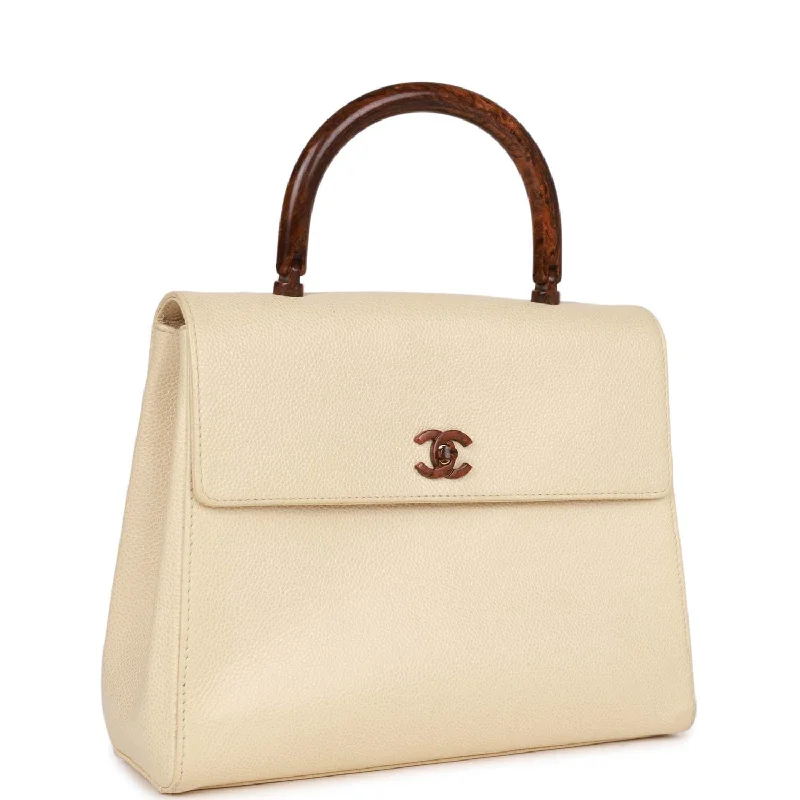 CHANEL leather bags for exclusive buyers -Vintage Chanel Wood Top Handle Kelly Ivory Caviar