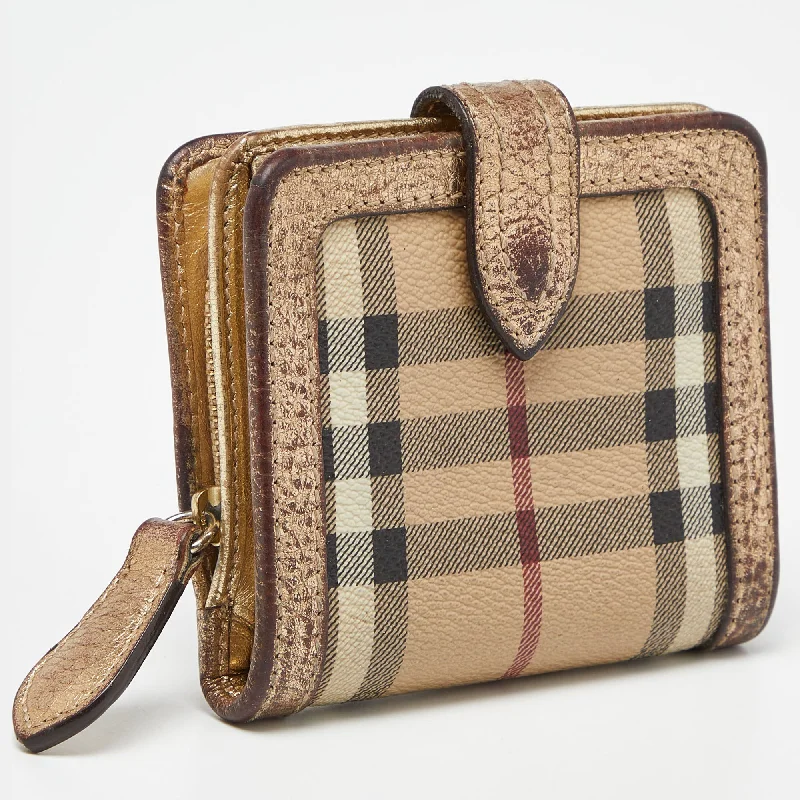 Burberry handbags with tailored designs -BURBERRY Beige/Gold Nova Check PVC and Leather Compact Wallet