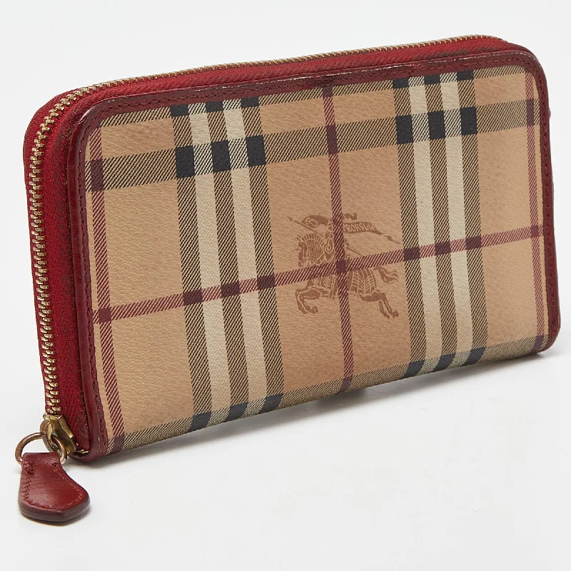 Burberry handbags with minimalistic details -BURBERRY Beige/Red Haymarket Check Coated Canvas Zip Around Wallet