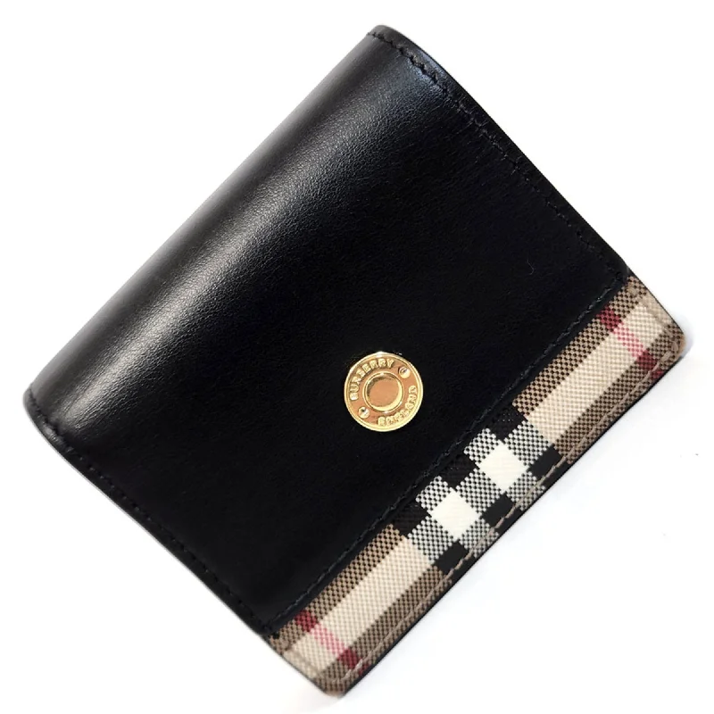 Burberry bags with chic leather handles -Burberry Bi-fold Wallet - Black, Beige, Leather, Coated Canvas, Wallet, Compact