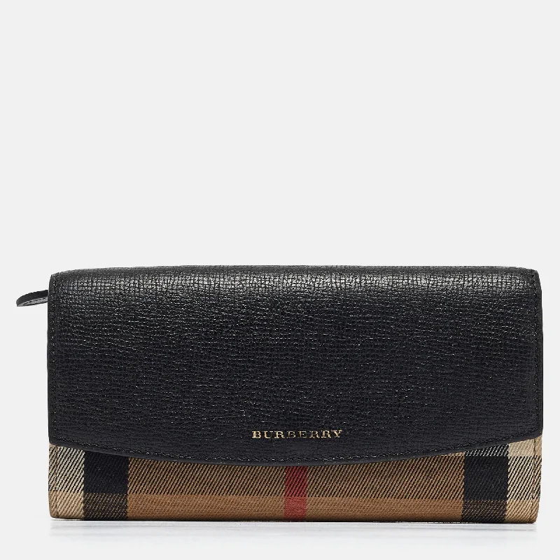 Burberry handbags with premium leather -BURBERRY Black/Beige House Check Canvas and Leather Flap Continental Wallet