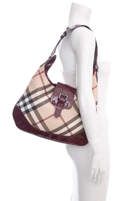 Burberry bags for exclusive luxury fashion -Burberry Burgundy Patent Leather Trim Plaid Handbag