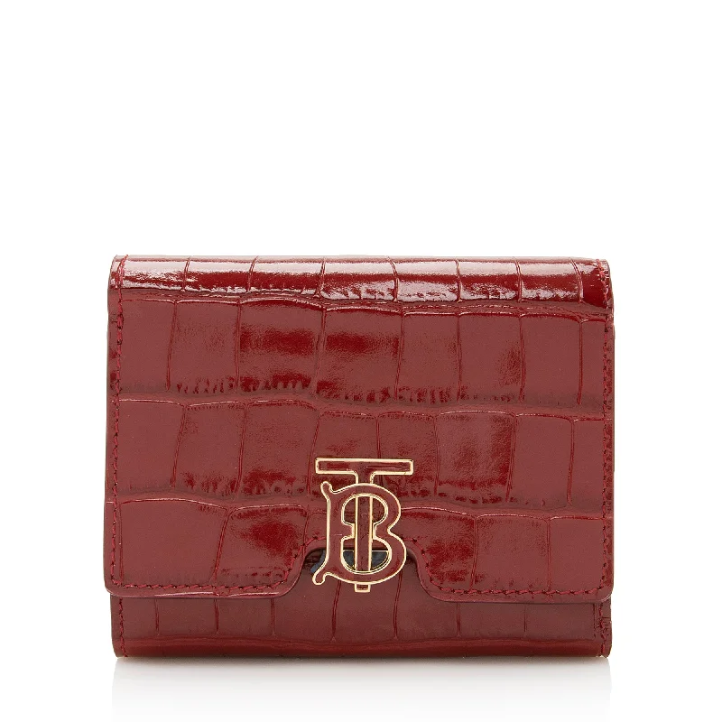 Burberry handbags for classic appeal -Burberry Croc Embossed Calfskin TB Tri-Fold Compact Wallet (SHF-22710)