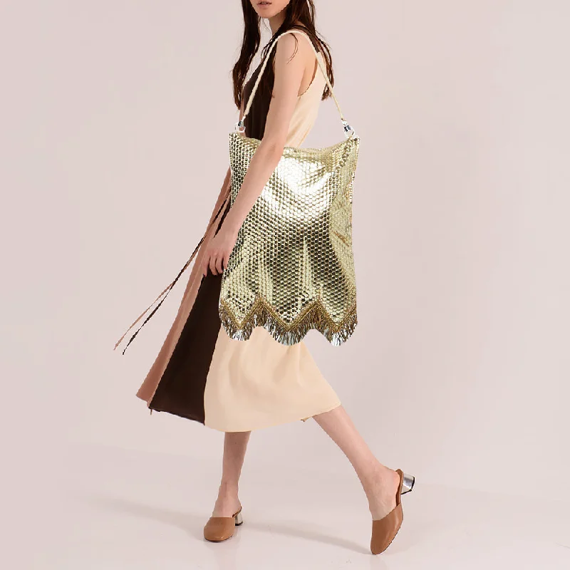 Burberry handbags with bold, chic accents -BURBERRY Gold Bullion Fringing Paillette-Embellished Satin Flag Bag