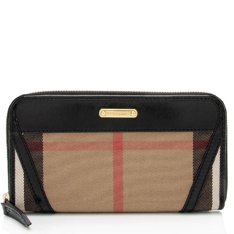 Burberry bags with luxe metal accents -Burberry House Check Bridle Ziggy Zip Around Wallet (SHF-HNJnMY)