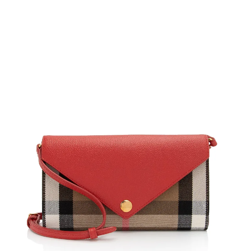 Burberry handbags with smooth leather finishes -Burberry House Check Leather Hannah Wallet on Strap (SHF-eQV5N5)