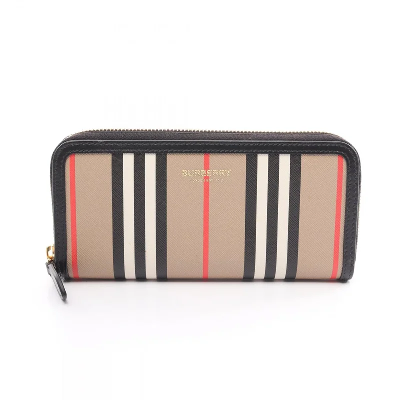 Burberry handbags with structured leatherwork -Burberry Icon Stripe Round Long Wallet Coated Canvas Women's Beige Multicolor 8027