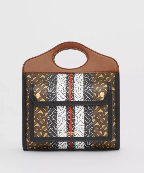 Burberry handbags with bold and chic designs -Burberry Mini Monogram Stripe E-Canvas Pocket Bag Bridle Brown