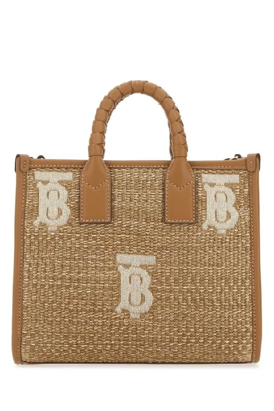 Burberry handbags with premium leather -Burberry Woman Two-Tone Raffia And Leather Mini Freya Handbag