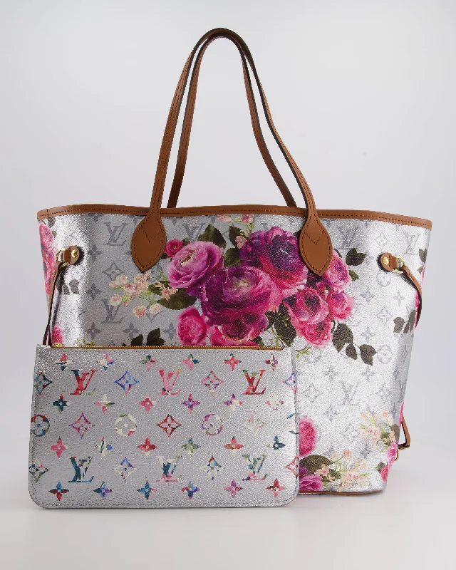 Louis Vuitton bags with classic patterns -*LIMITED EDITION* Louis Vuitton Garden Capsule 2022 Neverfull MM Bag in Silver and Pink Floral Monogram Canvas with Brown Leather and Gold Hardware